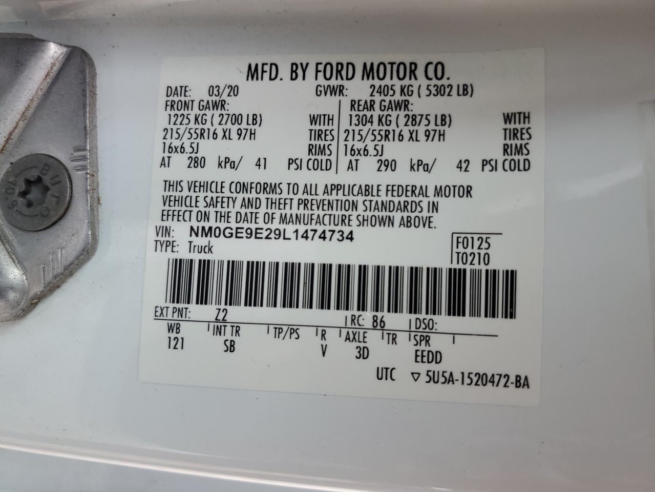 2020 Ford Transit Connect Xl VIN: NM0GE9E29L1474734 Lot: 64810324