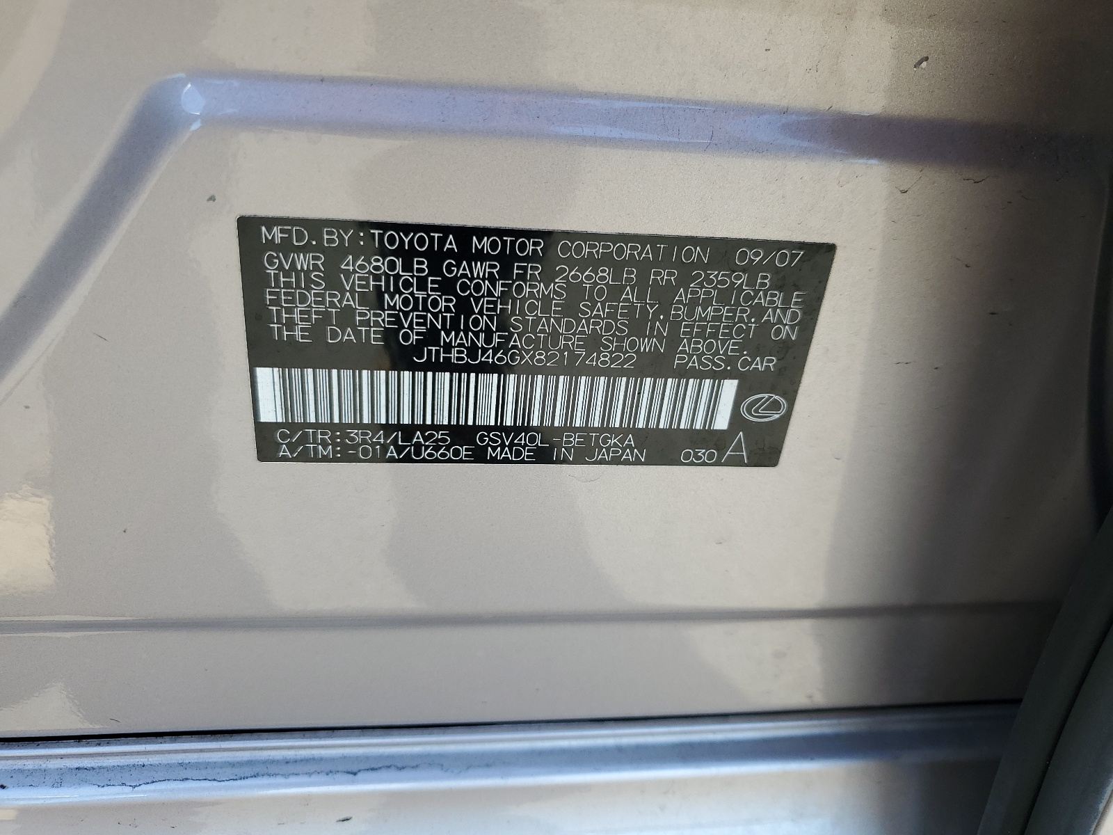 JTHBJ46GX82174822 2008 Lexus Es 350