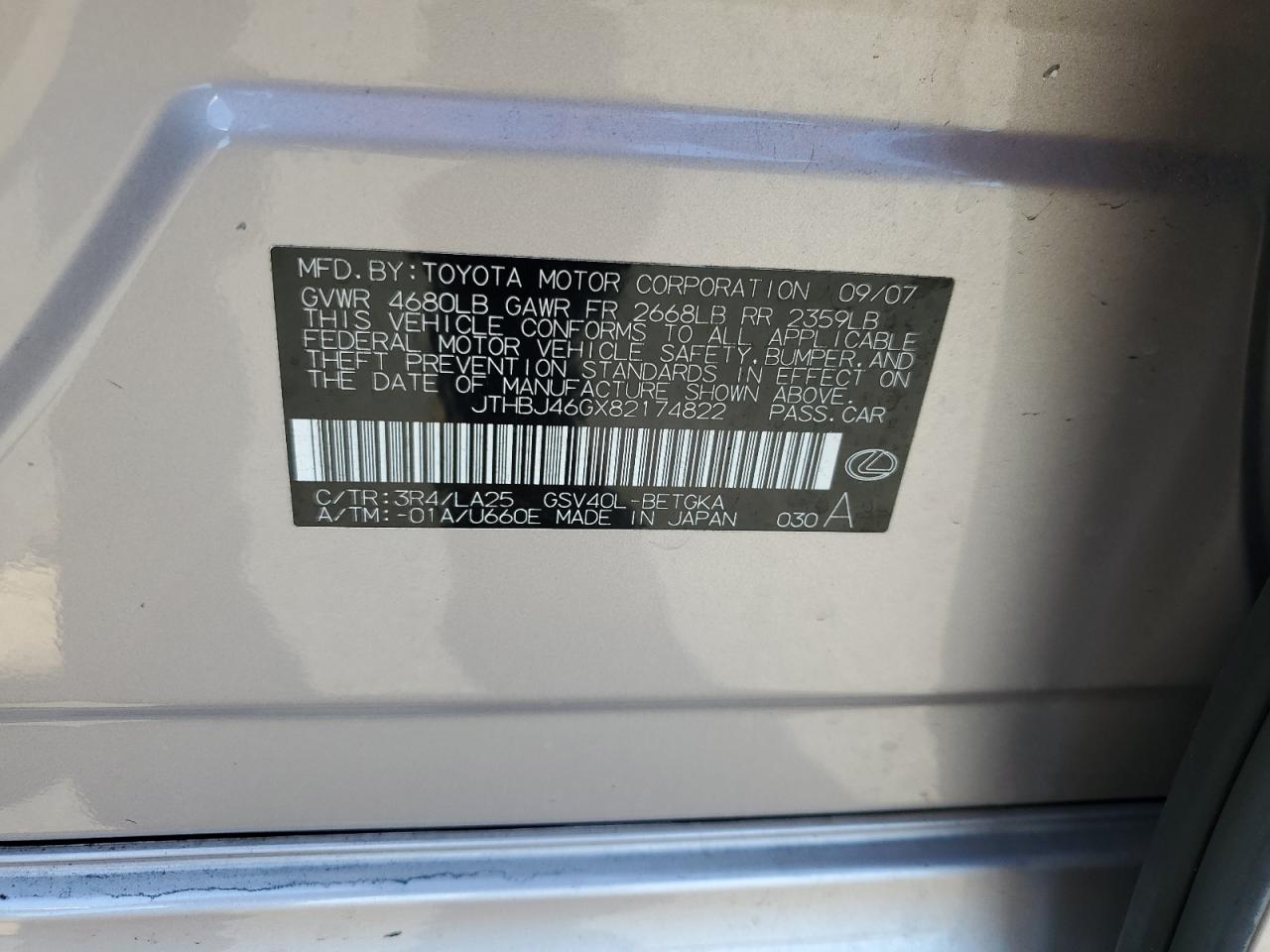 2008 Lexus Es 350 VIN: JTHBJ46GX82174822 Lot: 62824894