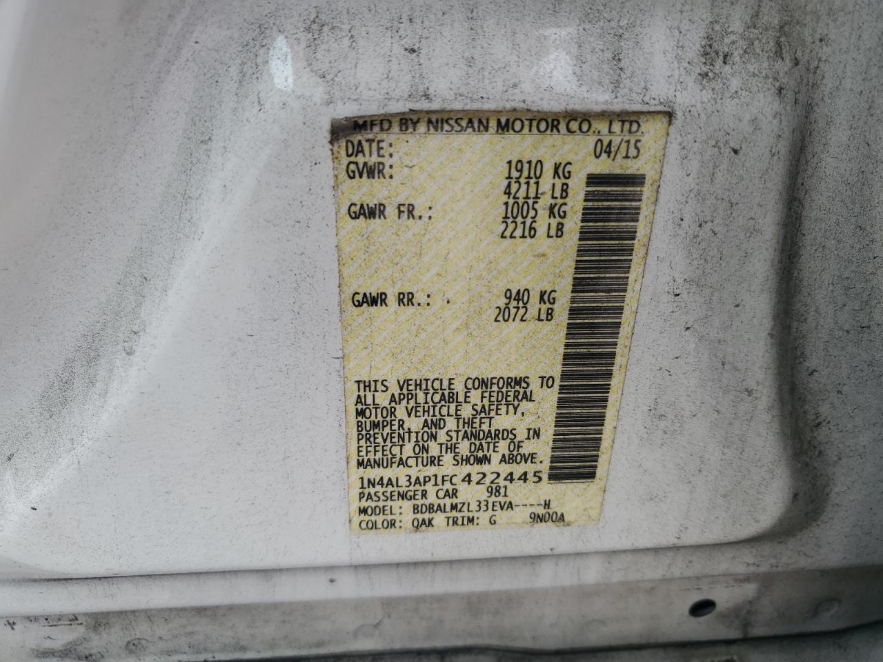 2015 Nissan Altima 2.5 VIN: 1N4AL3AP1FC422445 Lot: 64170254