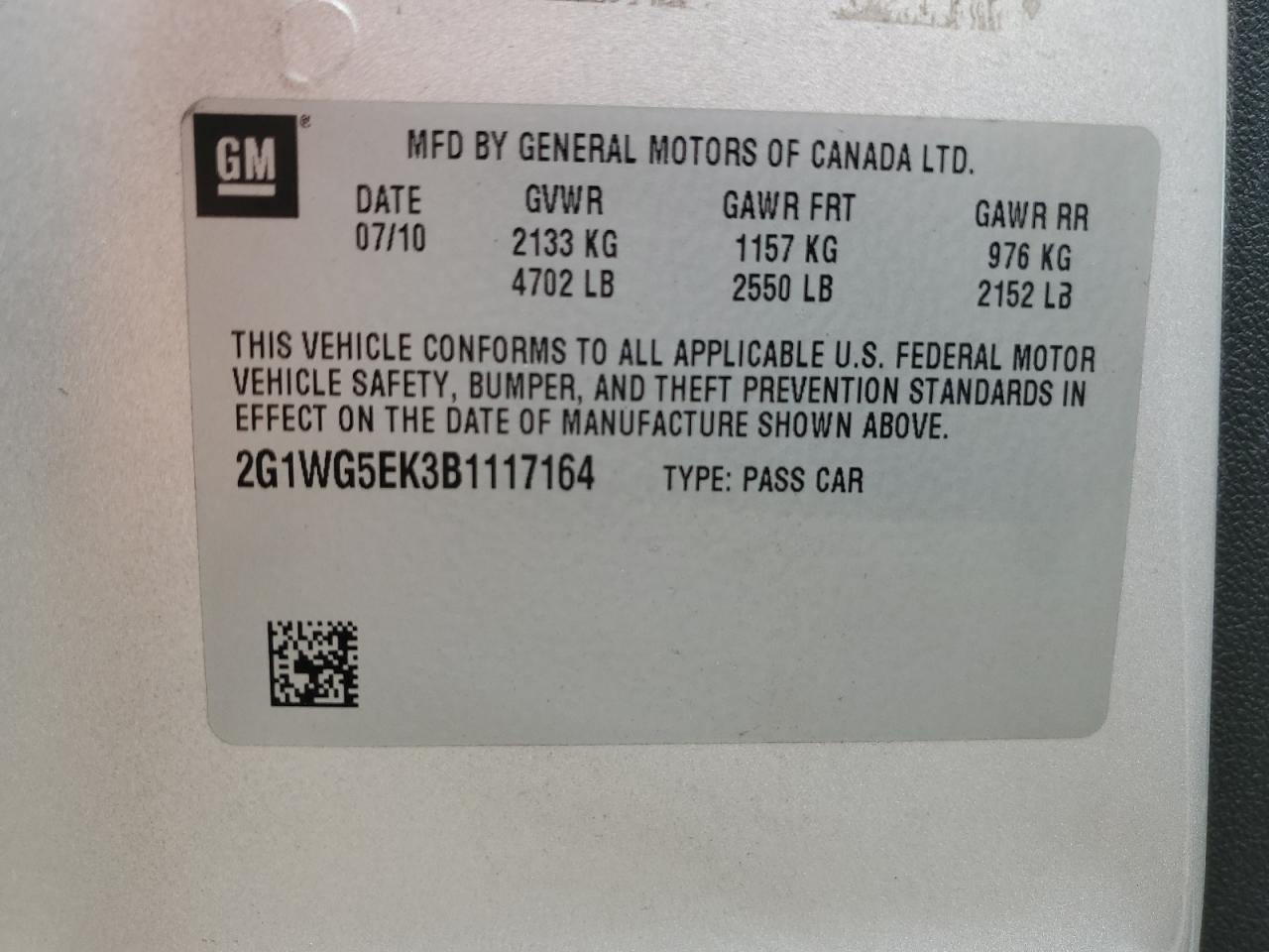 2011 Chevrolet Impala Lt VIN: 2G1WG5EK3B1117164 Lot: 63347994