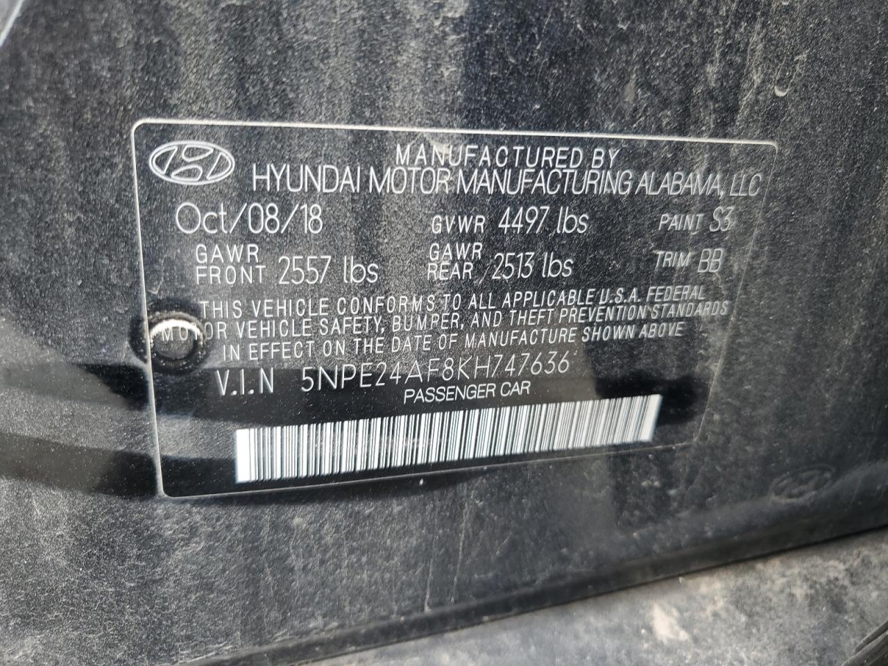 2019 Hyundai Sonata Se VIN: 5NPE24AF8KH747636 Lot: 65205313