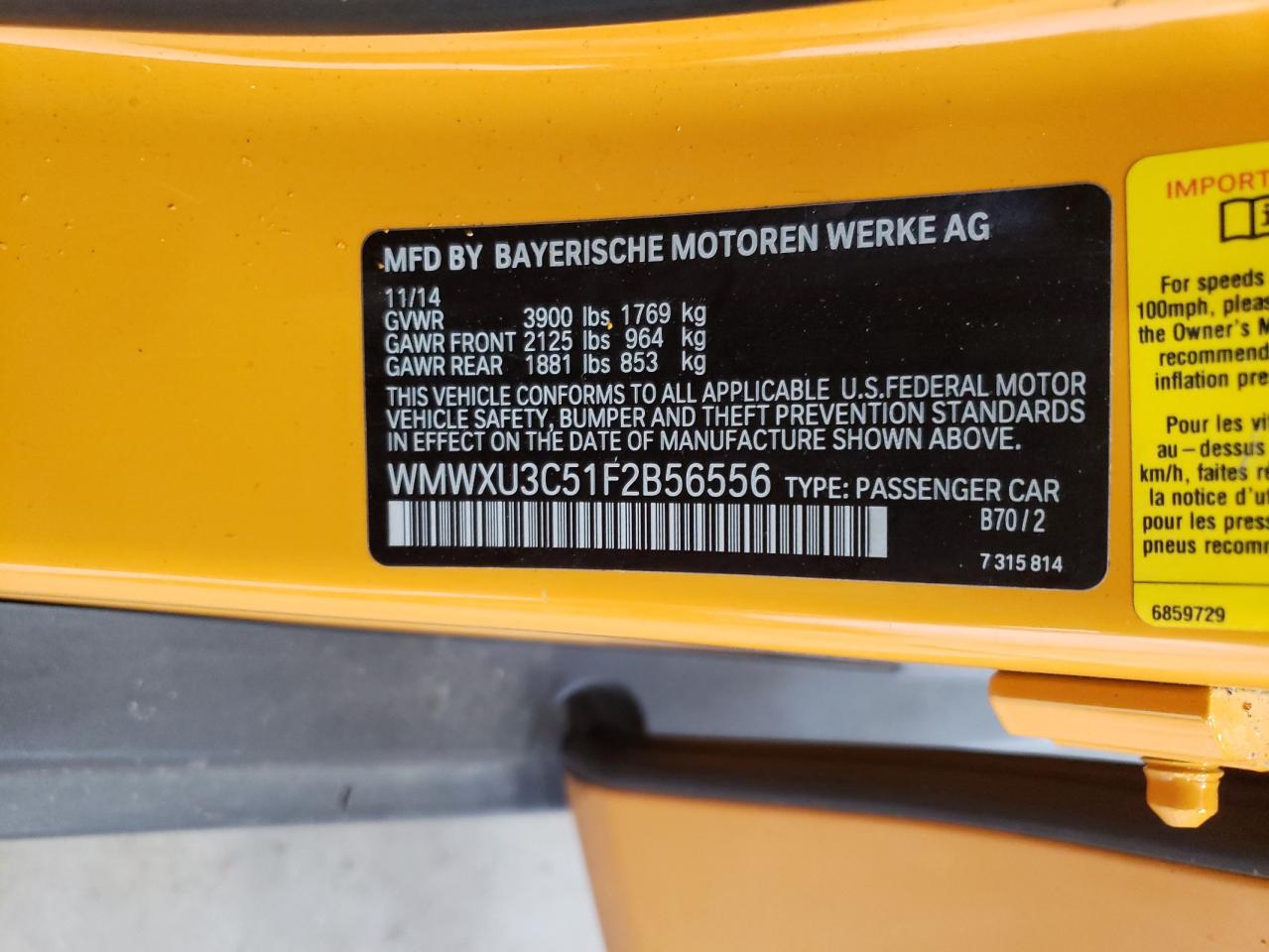 2015 Mini Cooper S VIN: WMWXU3C51F2B56556 Lot: 62532964