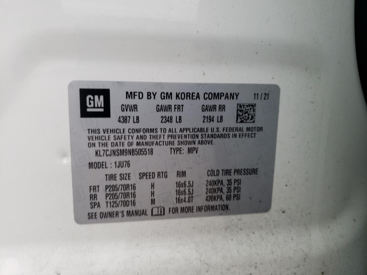 2022 Chevrolet Trax Ls VIN: KL7CJNSM9NB505518 Lot: 63779424