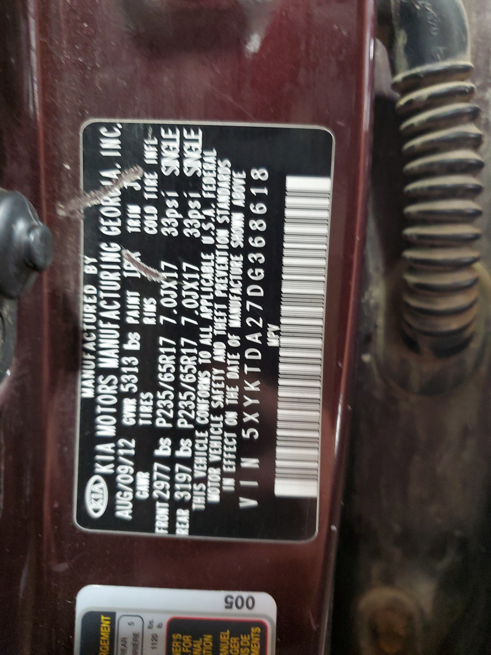 5XYKTDA27DG368618 2013 Kia Sorento Lx