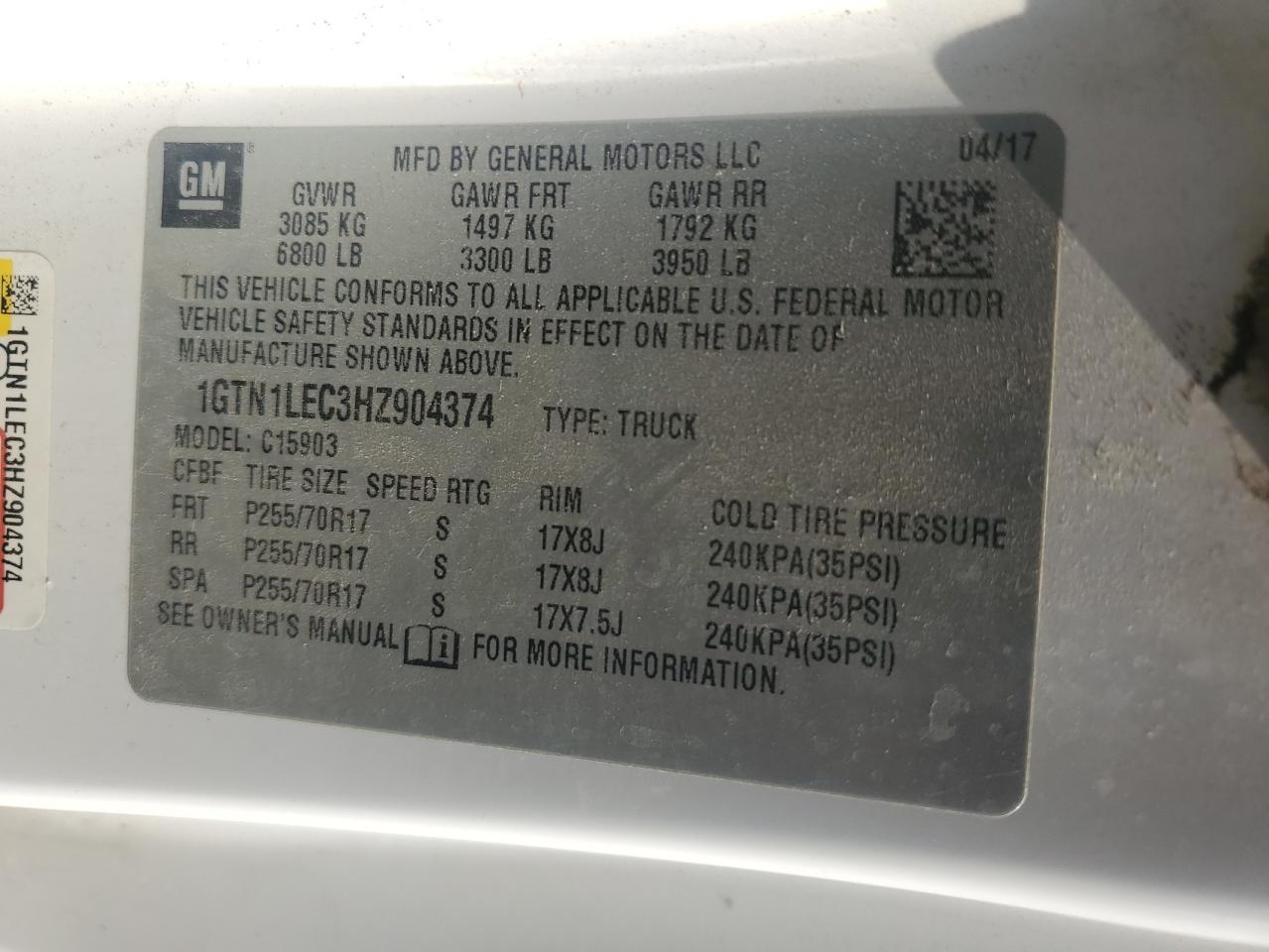 2017 GMC Sierra C1500 VIN: 1GTN1LEC3HZ904374 Lot: 62432644