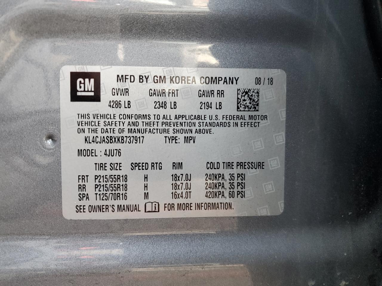 2019 Buick Encore Preferred VIN: KL4CJASBXKB737917 Lot: 64348114