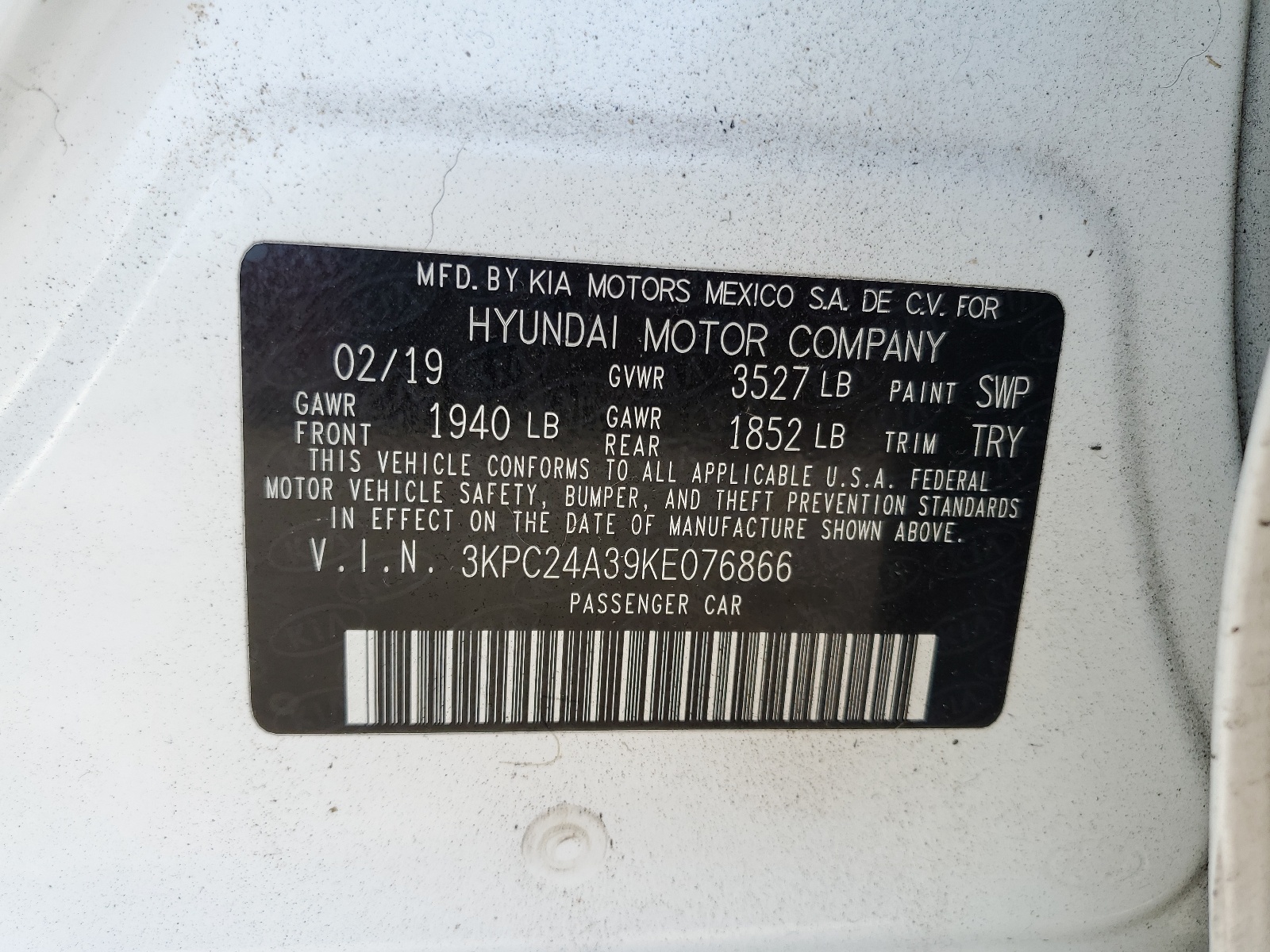 3KPC24A39KE076866 2019 Hyundai Accent Se