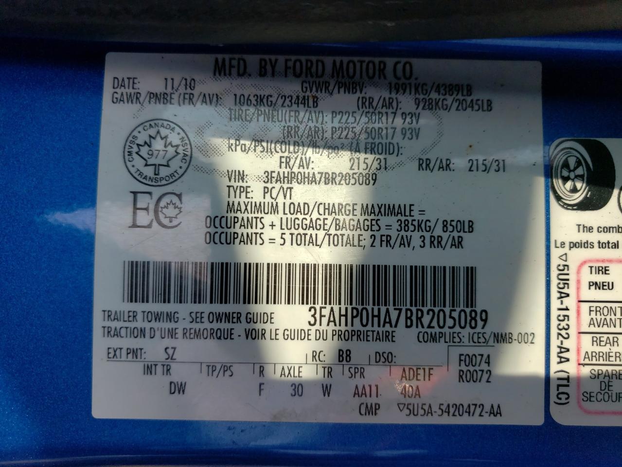 2011 Ford Fusion Se VIN: 3FAHP0HA7BR205089 Lot: 63797474
