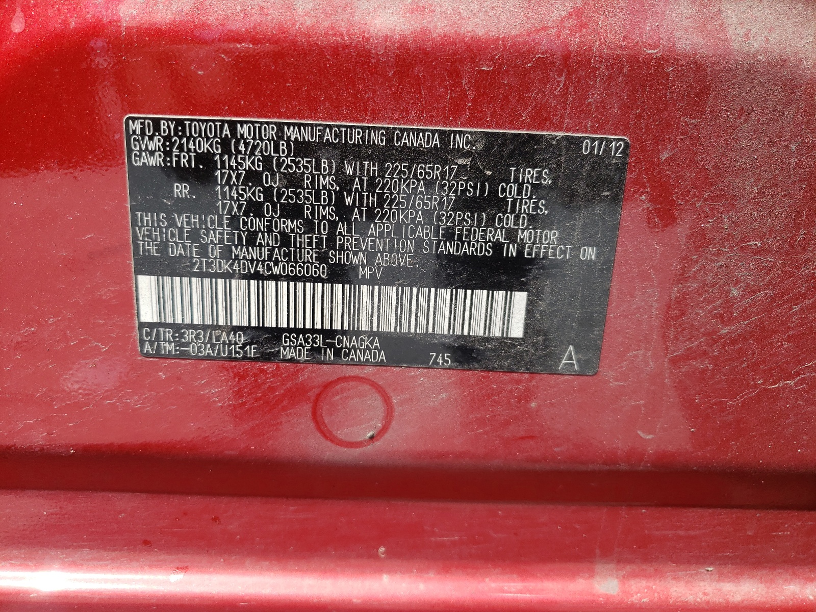 2T3DK4DV4CW066060 2012 Toyota Rav4 Limited