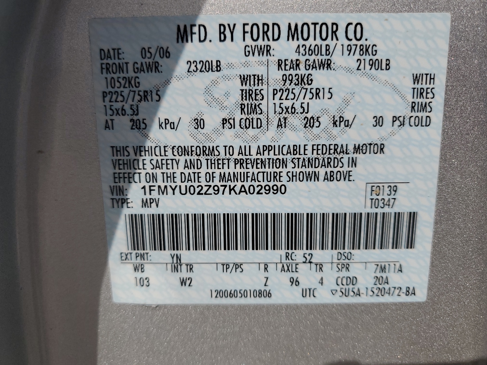 1FMYU02Z97KA02990 2007 Ford Escape Xls