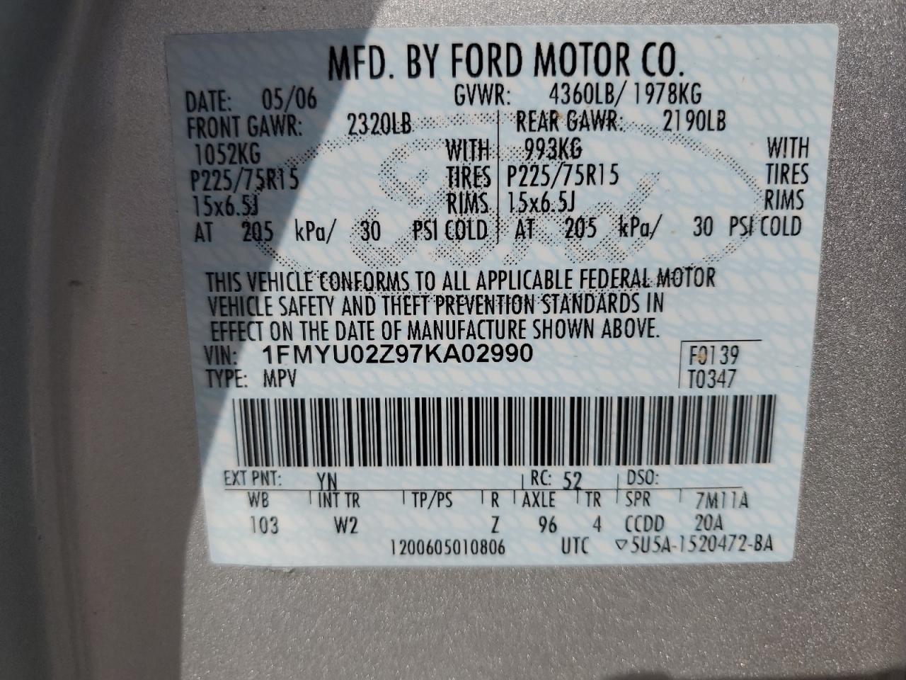 2007 Ford Escape Xls VIN: 1FMYU02Z97KA02990 Lot: 65254424