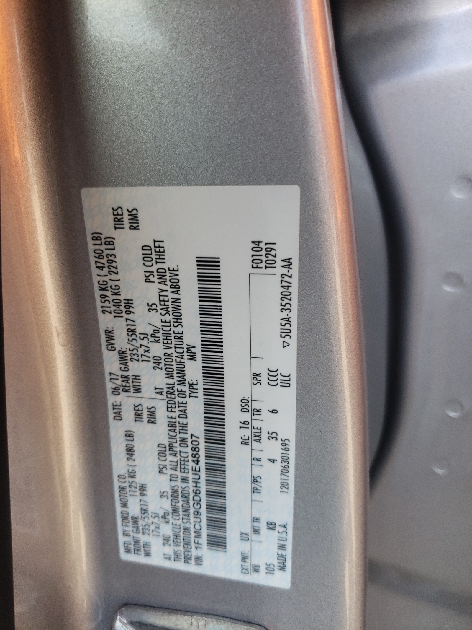 1FMCU9GD6HUE48807 2017 Ford Escape Se