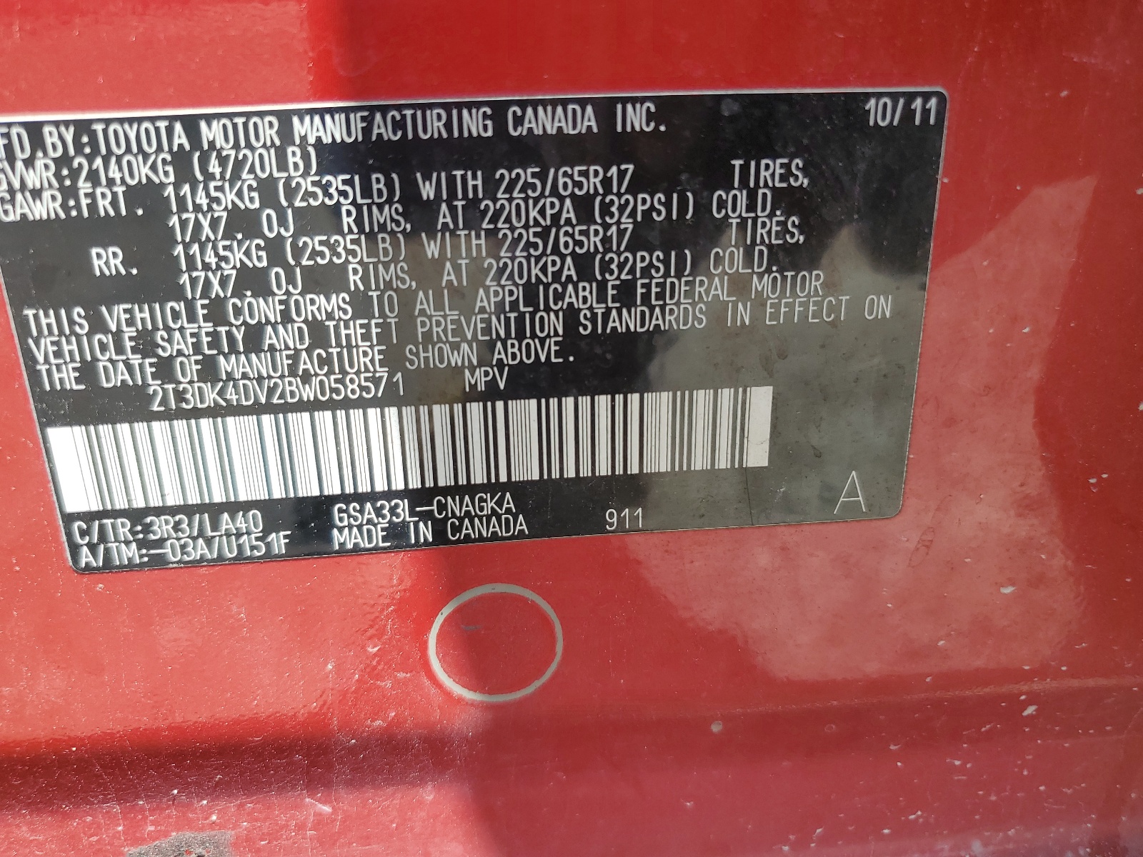 2T3DK4DV2BW058571 2011 Toyota Rav4 Limited