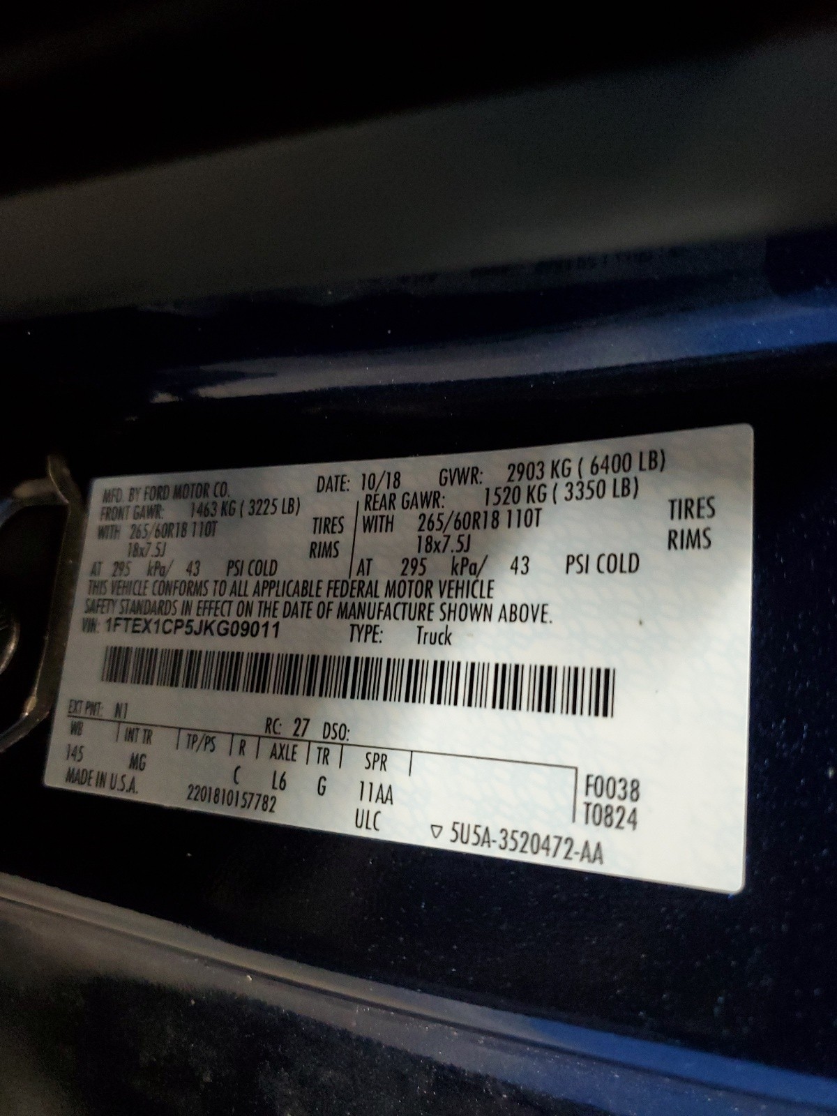 1FTEX1CP5JKG09011 2018 Ford F150 Super Cab