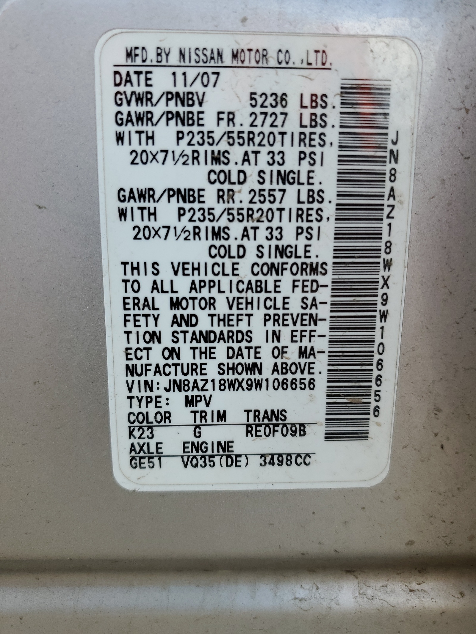 JN8AZ18WX9W106656 2009 Nissan Murano S