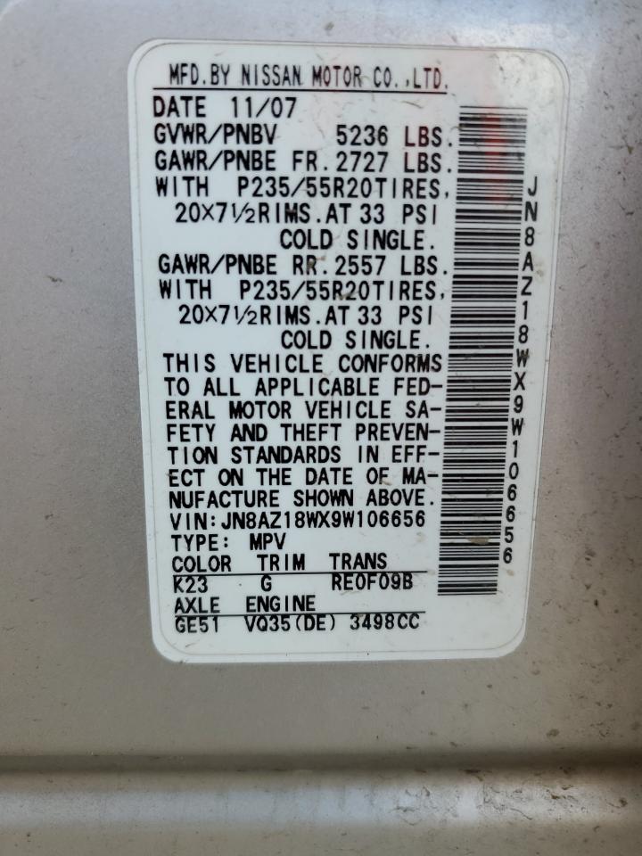 2009 Nissan Murano S VIN: JN8AZ18WX9W106656 Lot: 59081274