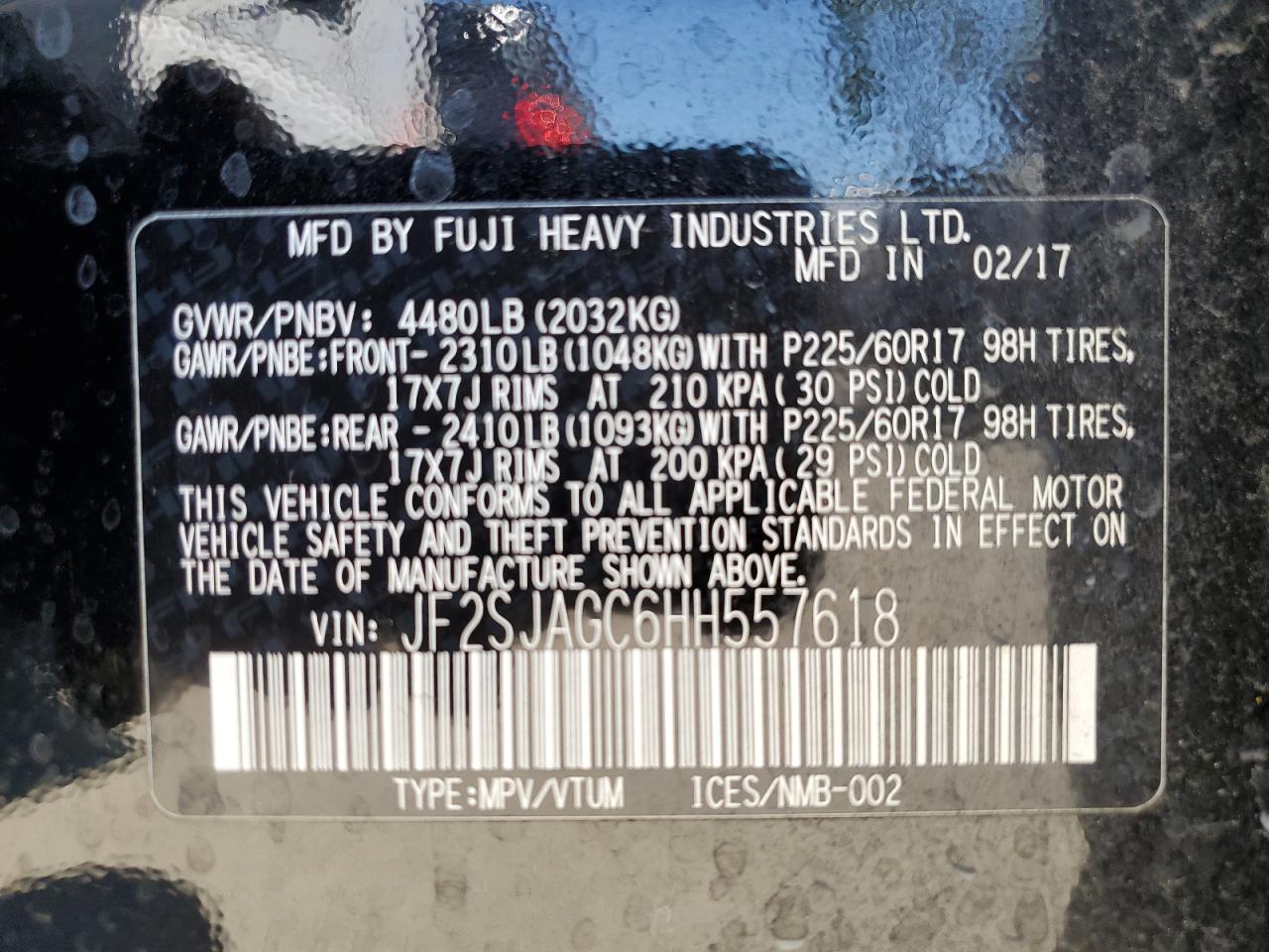 2017 Subaru Forester 2.5I Premium VIN: JF2SJAGC6HH557618 Lot: 63661204