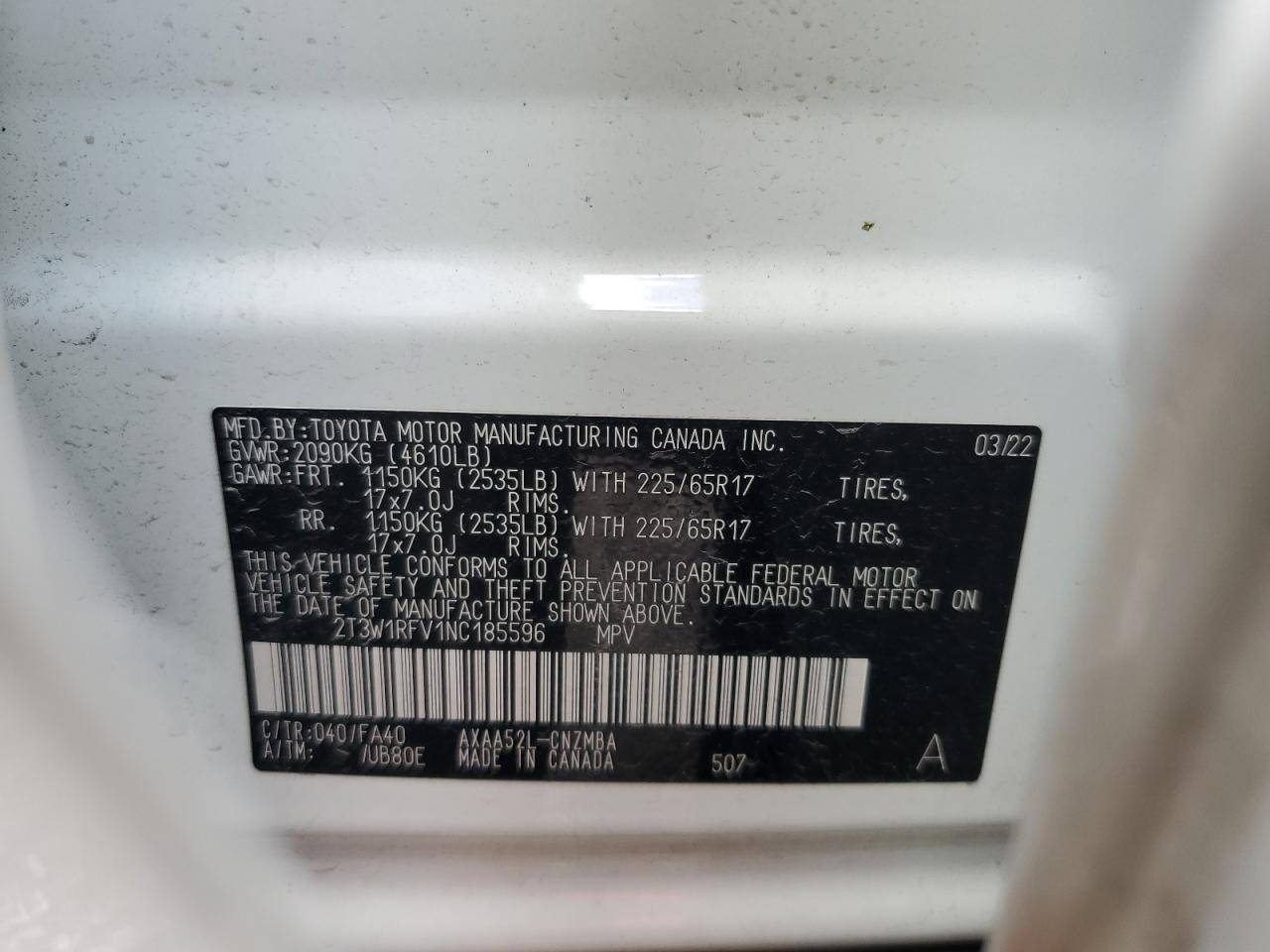 2022 Toyota Rav4 Xle VIN: 2T3W1RFV1NC185596 Lot: 64344994