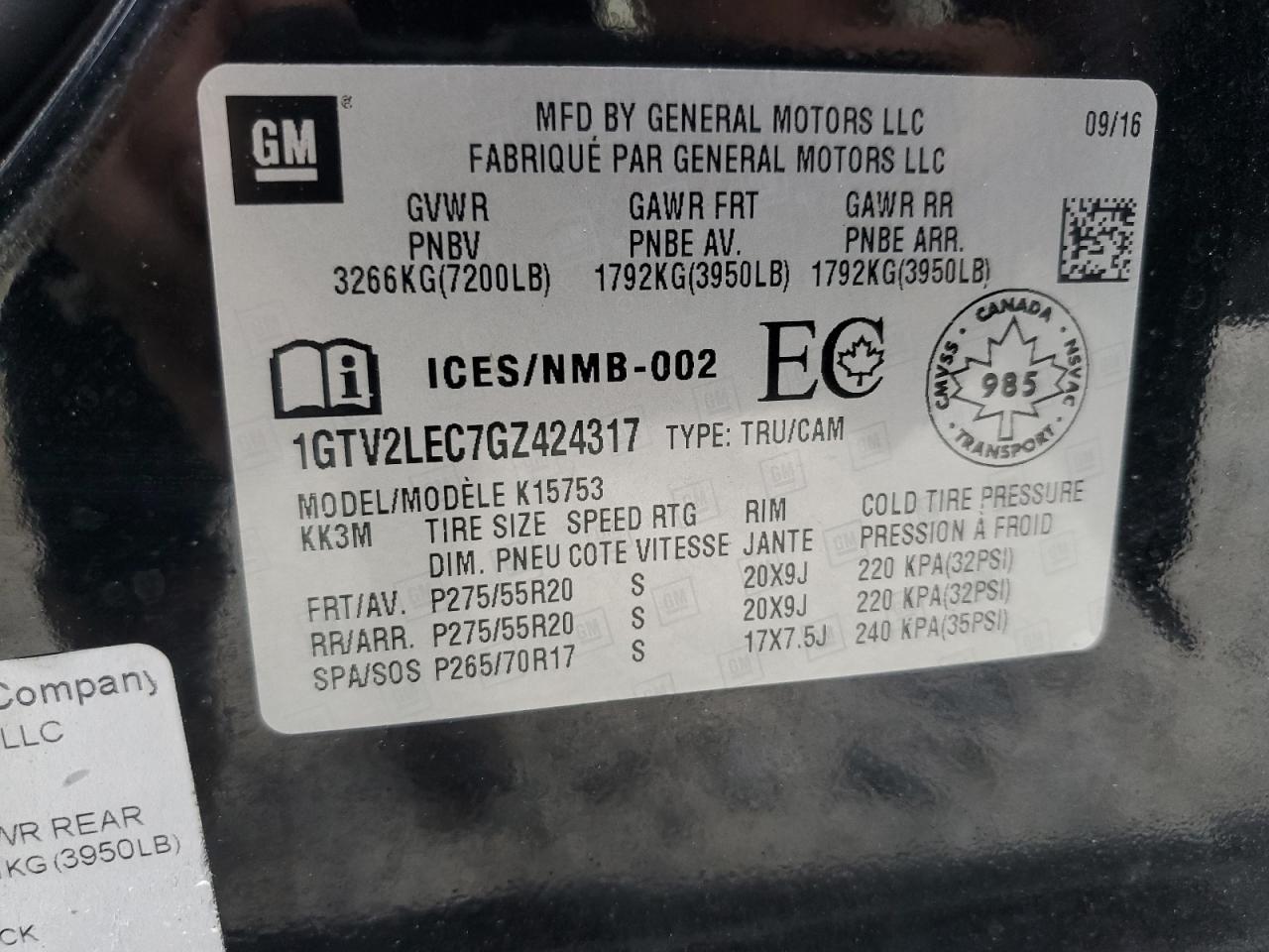 2016 GMC Sierra K1500 VIN: 1GTV2LEC7GZ424317 Lot: 63233864