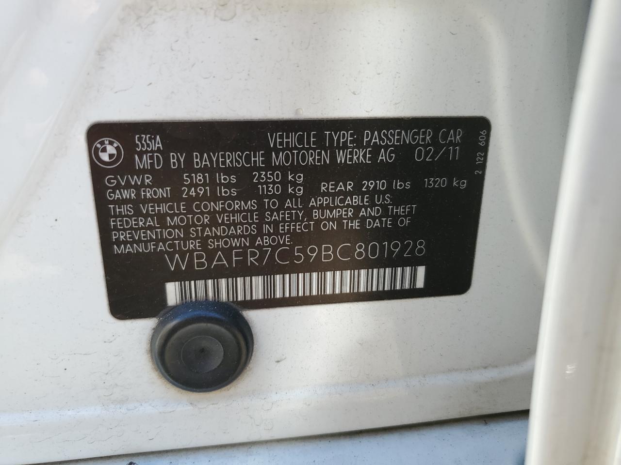 2011 BMW 535 I VIN: WBAFR7C59BC801928 Lot: 62475264