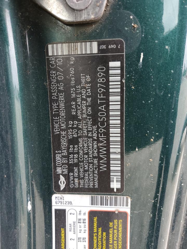 2010 Mini Cooper Sportback Ls Jcw VIN: WMWMF9C50ATF97890 Lot: 65634514