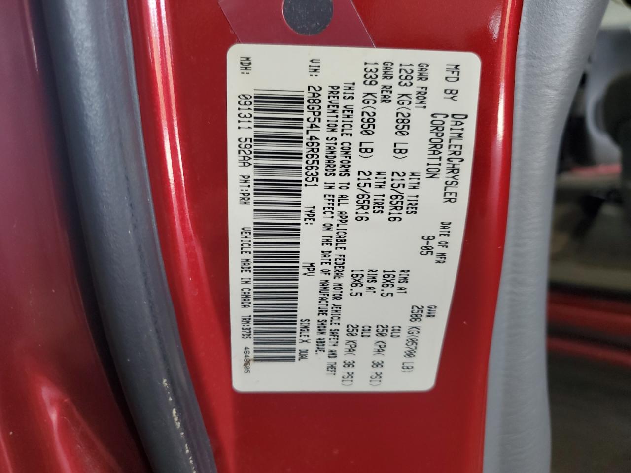 2006 Chrysler Town & Country Touring VIN: 2A8GP54L46R656351 Lot: 62606924