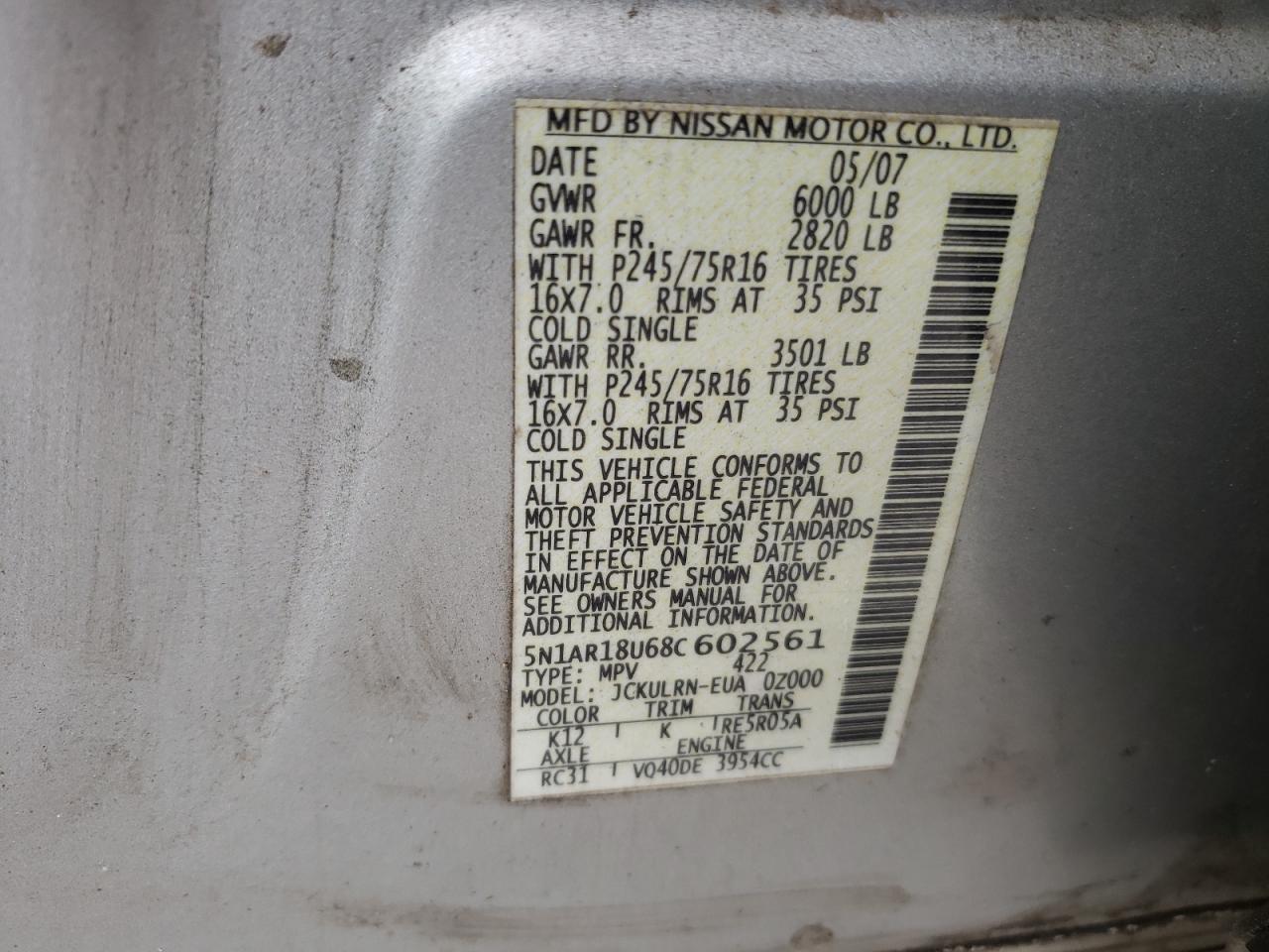 2008 Nissan Pathfinder S VIN: 5N1AR18U68C602561 Lot: 63525124