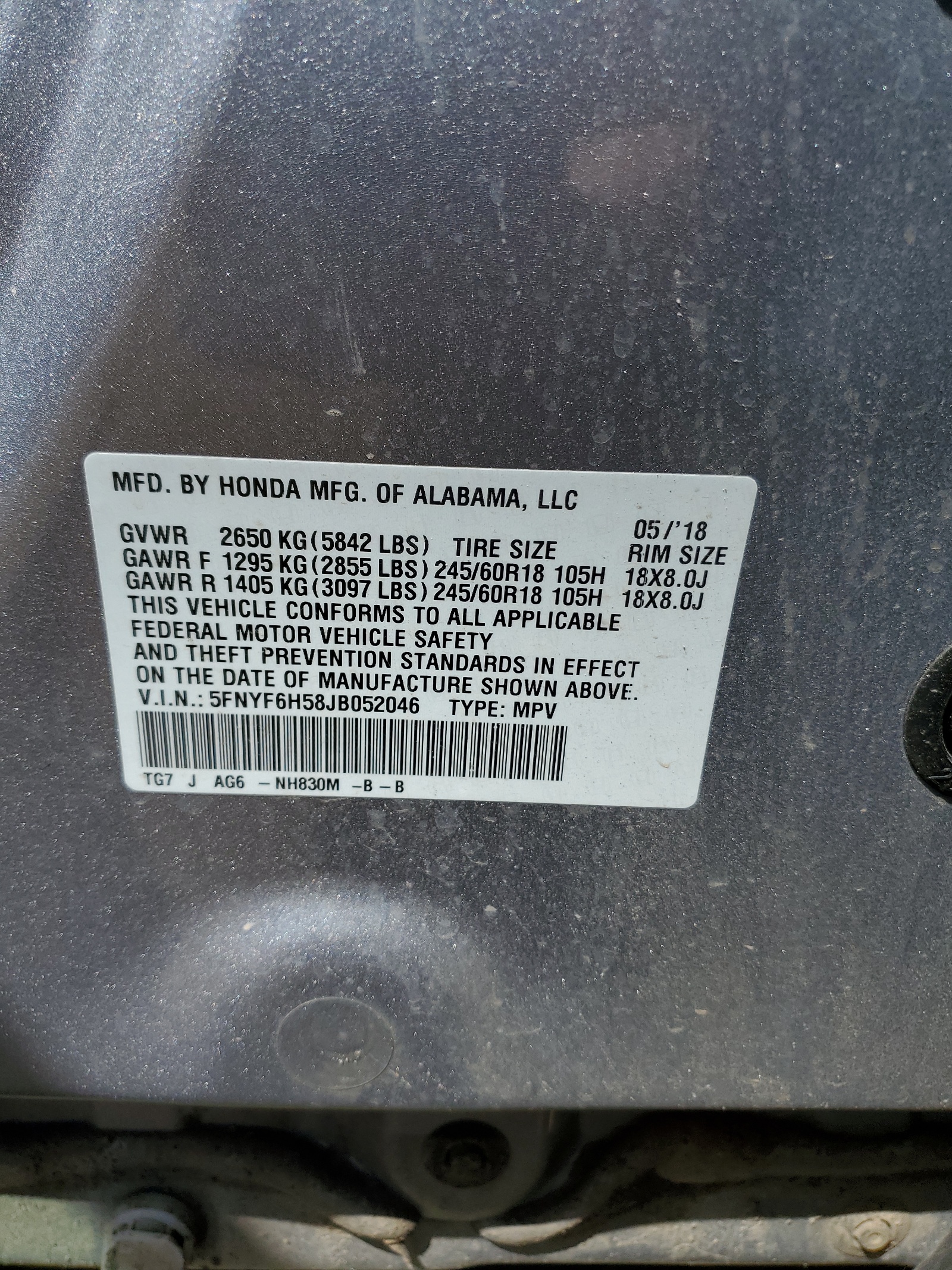 5FNYF6H58JB052046 2018 Honda Pilot Exl