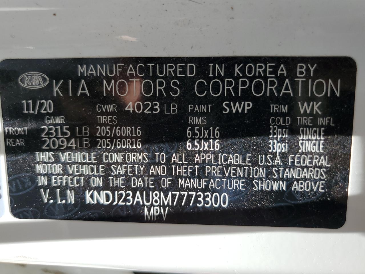 2021 Kia Soul Lx VIN: KNDJ23AU8M7773300 Lot: 63519754