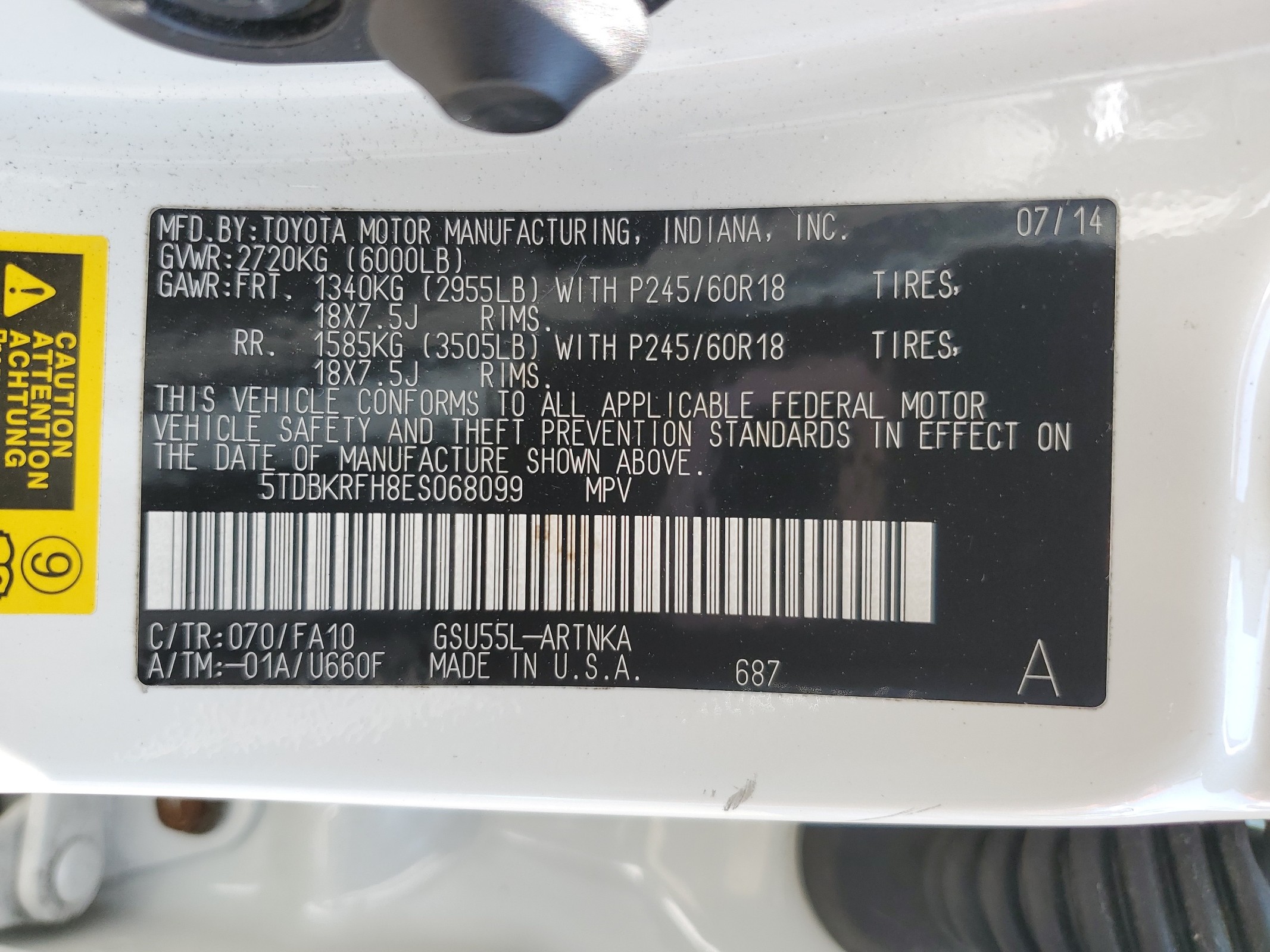 5TDBKRFH8ES068099 2014 Toyota Highlander Le