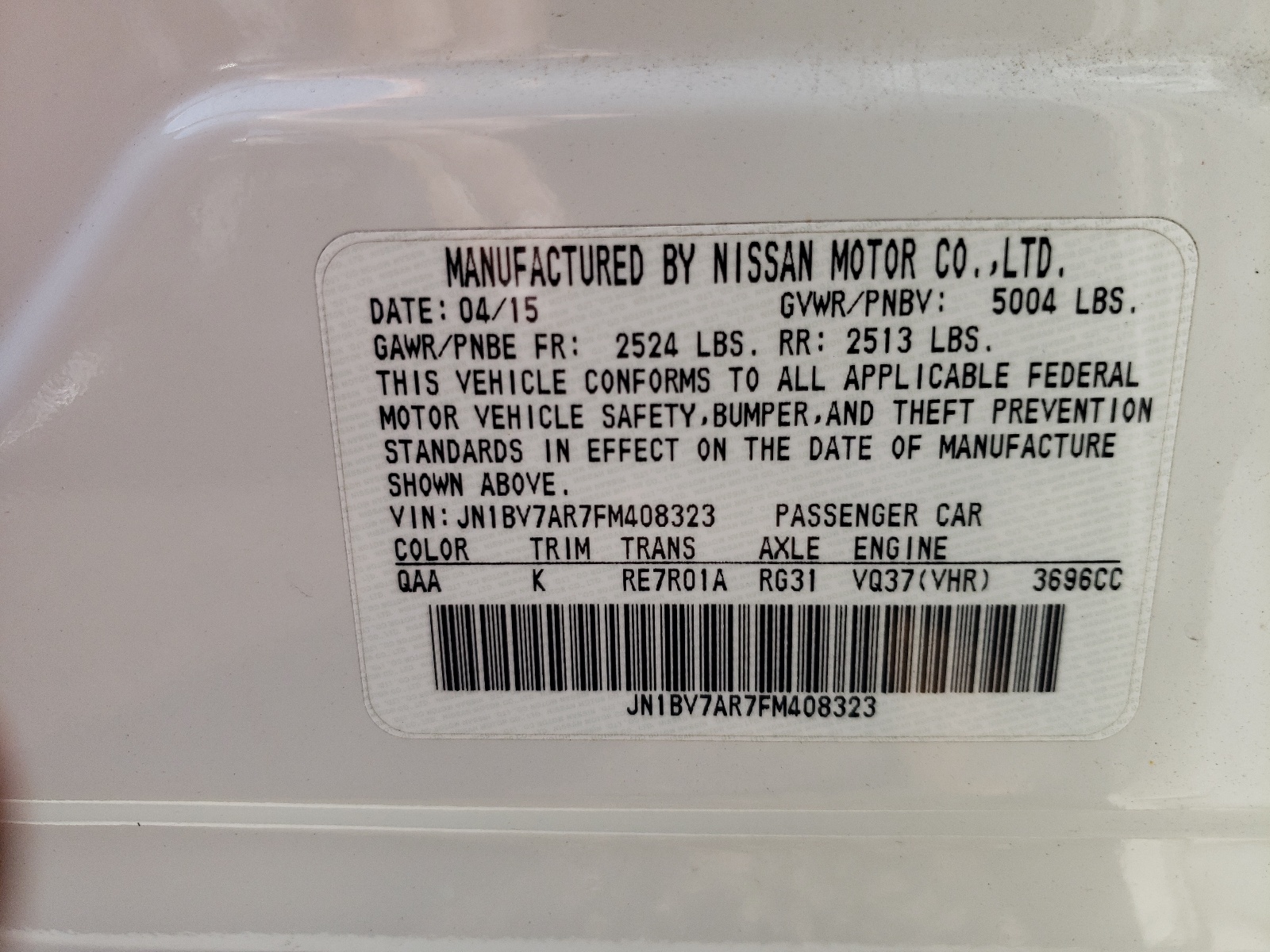 JN1BV7AR7FM408323 2015 Infiniti Q50 Base