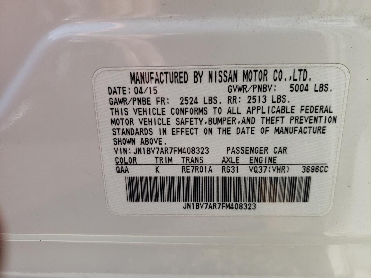 2015 Infiniti Q50 Base VIN: JN1BV7AR7FM408323 Lot: 61665944