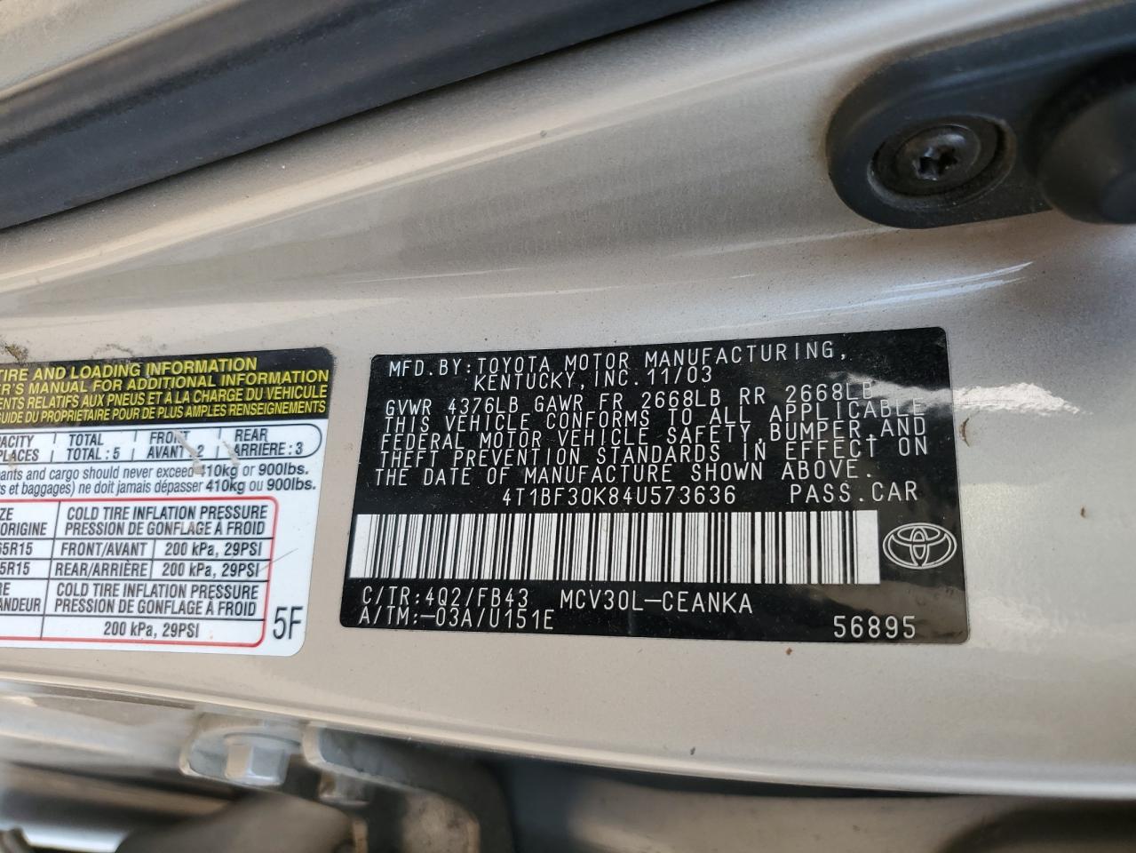 2004 Toyota Camry Le VIN: 4T1BF30K84U573636 Lot: 64698764