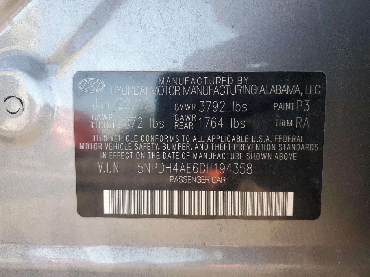 2013 Hyundai Elantra Gls VIN: 5NPDH4AE6DH194358 Lot: 63670044