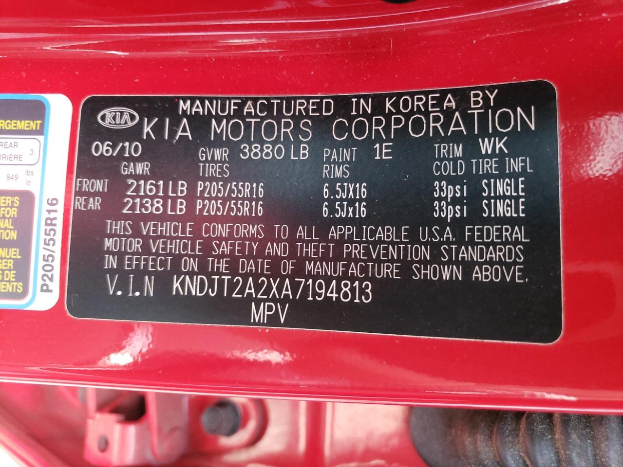 2010 Kia Soul + VIN: KNDJT2A2XA7194813 Lot: 64630574