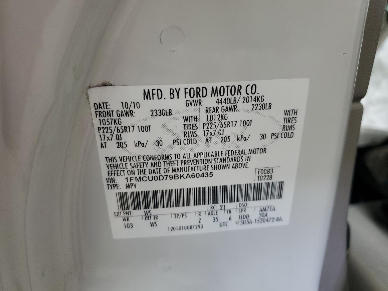 2011 Ford Escape Xlt VIN: 1FMCU0D79BKA60435 Lot: 64226784