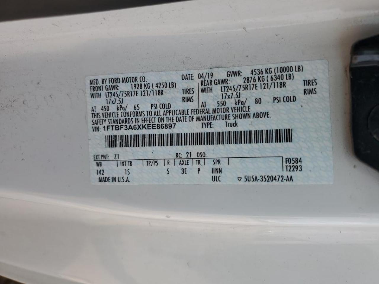 2019 Ford F350 Super Duty VIN: 1FTBF3A6XKEE86897 Lot: 64774584