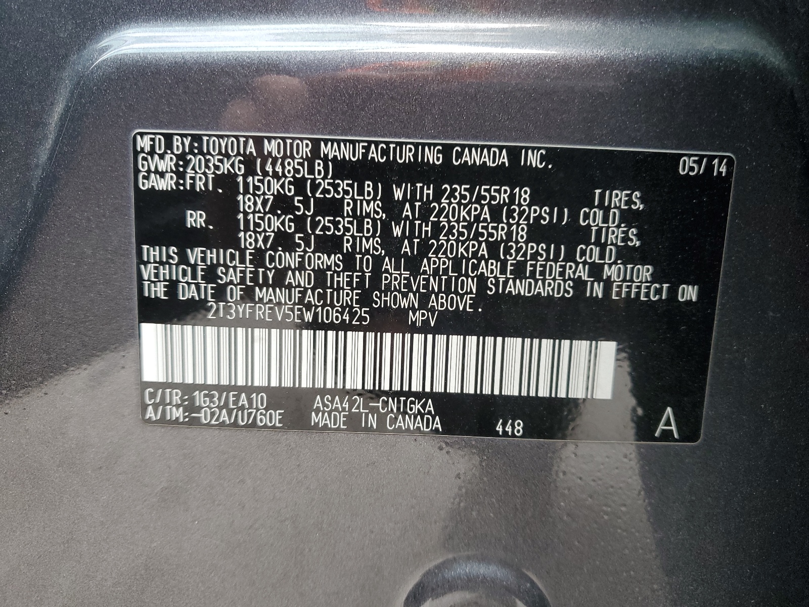 2T3YFREV5EW106425 2014 Toyota Rav4 Limited