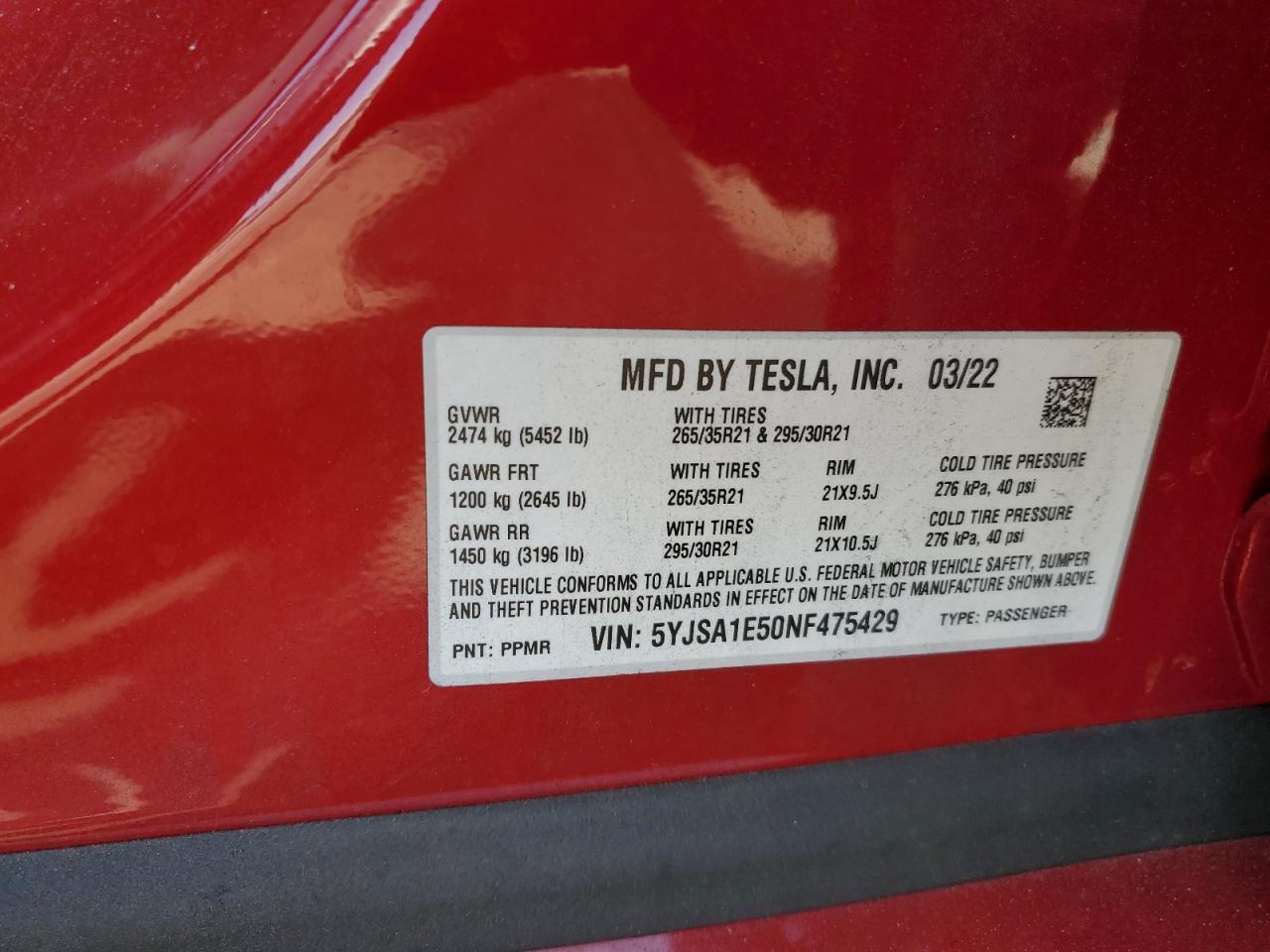 5YJSA1E50NF475429 2022 Tesla Model S