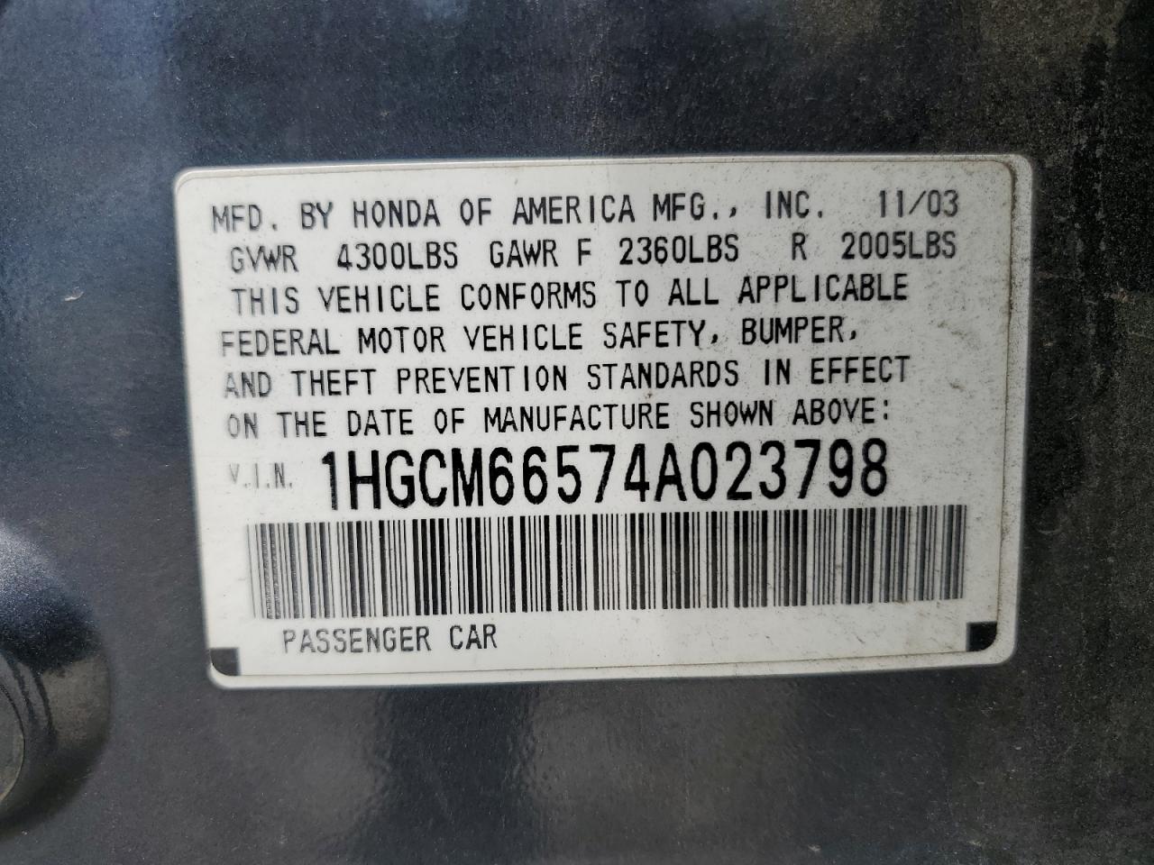 2004 Honda Accord Ex VIN: 1HGCM66574A023798 Lot: 63985224