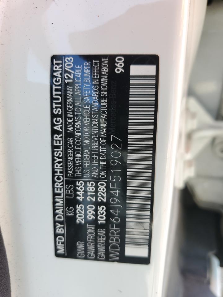 2004 Mercedes-Benz C 320 VIN: WDBRF64J94F519027 Lot: 62517384