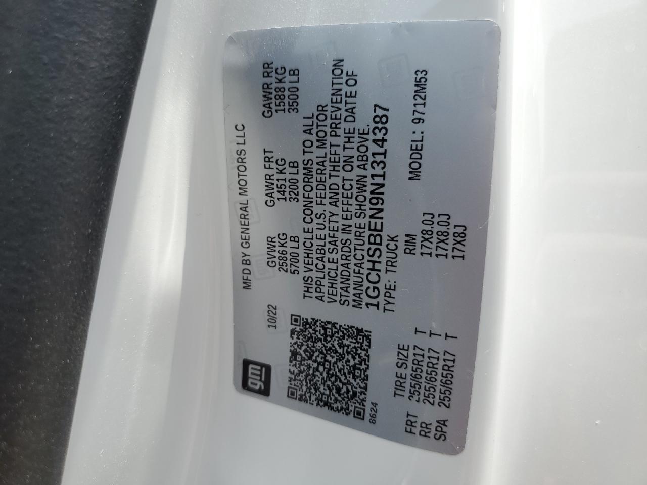 2022 Chevrolet Colorado VIN: 1GCHSBEN9N1314387 Lot: 61747524