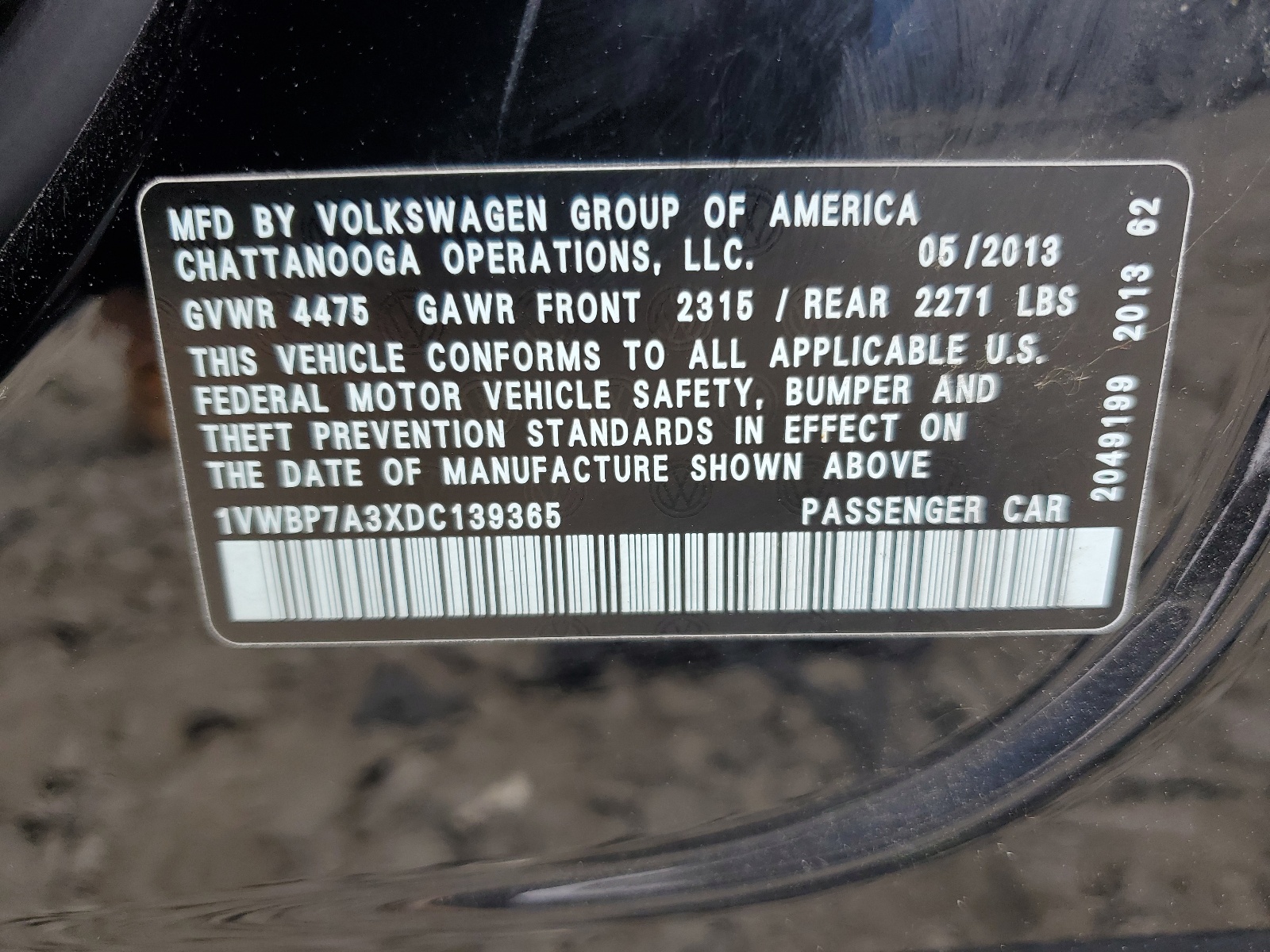 1VWBP7A3XDC139365 2013 Volkswagen Passat Se