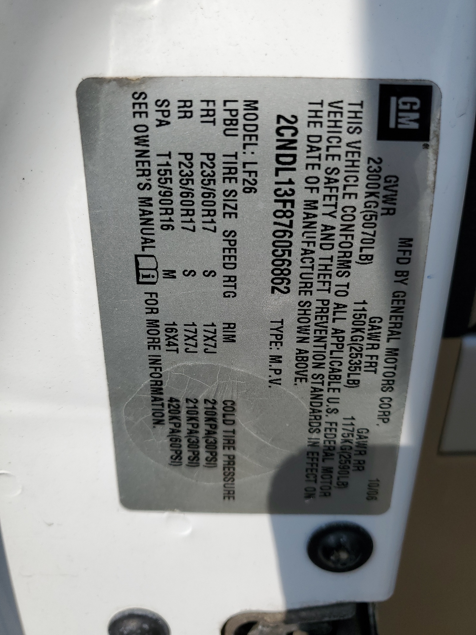 2CNDL13F876056862 2007 Chevrolet Equinox Ls