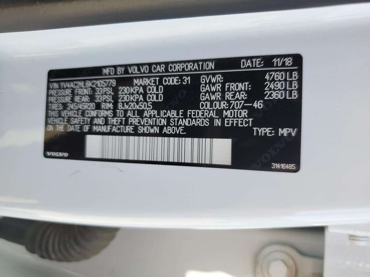 2019 Volvo Xc40 T4 Inscription VIN: YV4AC2HL6K2105779 Lot: 63725834
