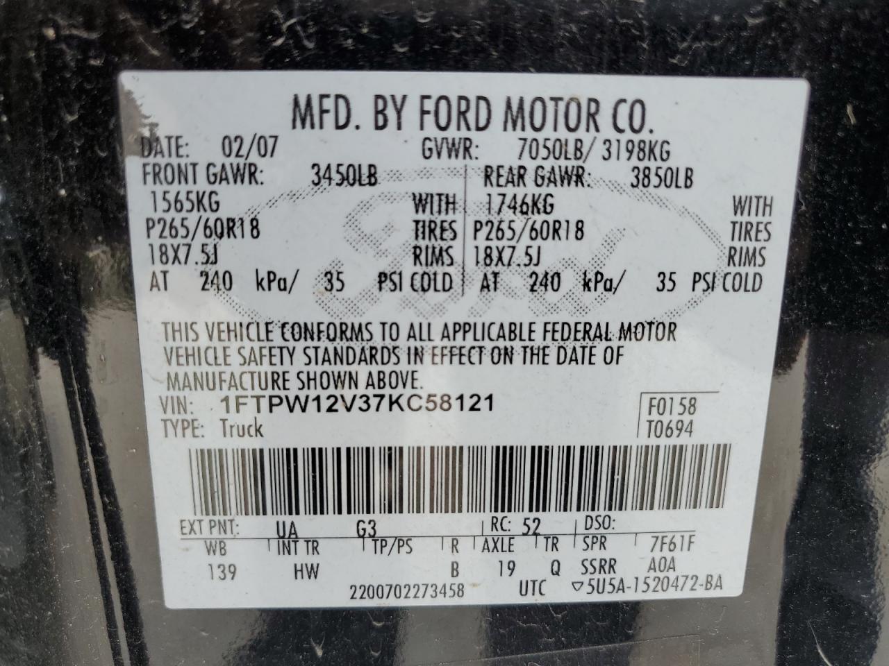 2007 Ford F150 Supercrew VIN: 1FTPW12V37KC58121 Lot: 63319594