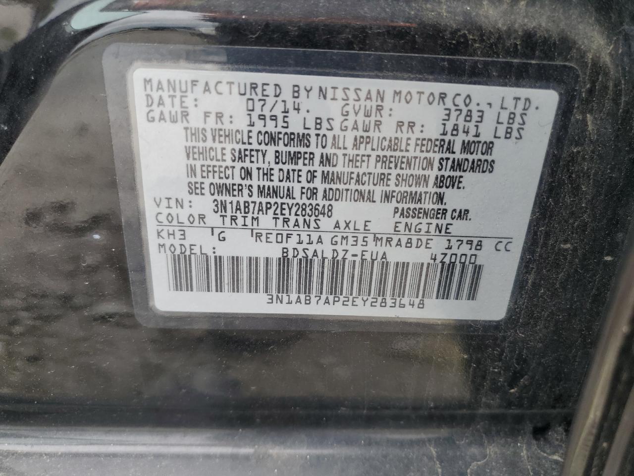 2014 Nissan Sentra S VIN: 3N1AB7AP2EY283648 Lot: 61502034