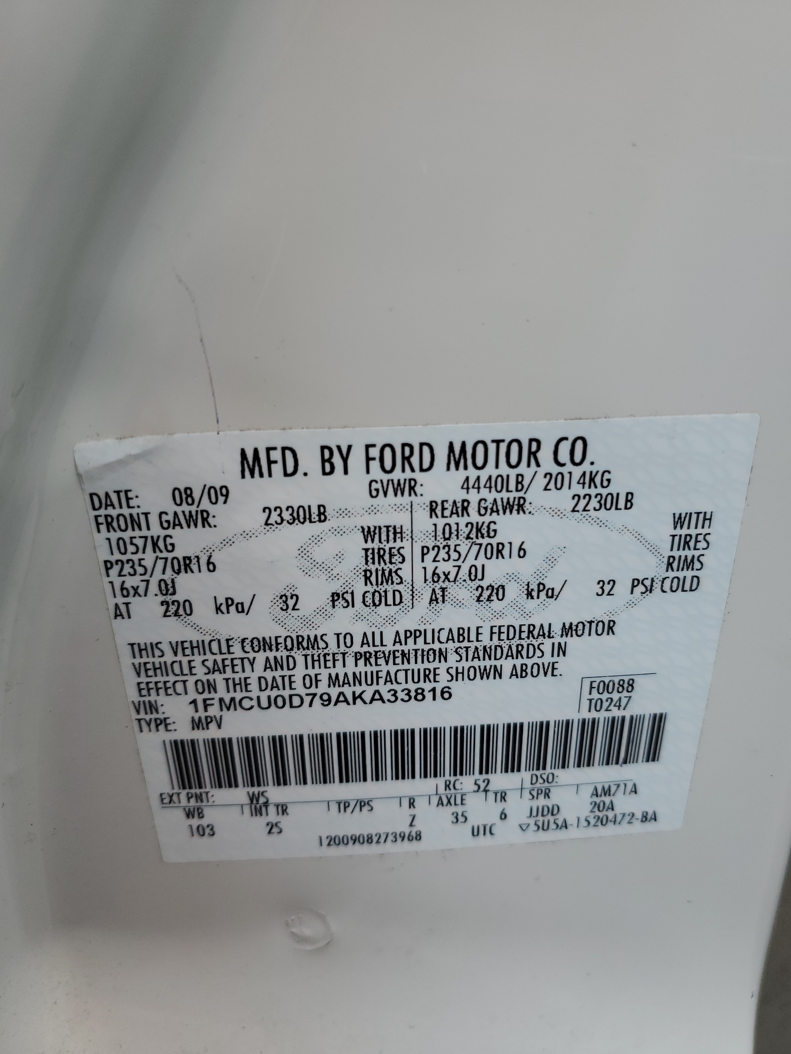 1FMCU0D79AKA33816 2010 Ford Escape Xlt