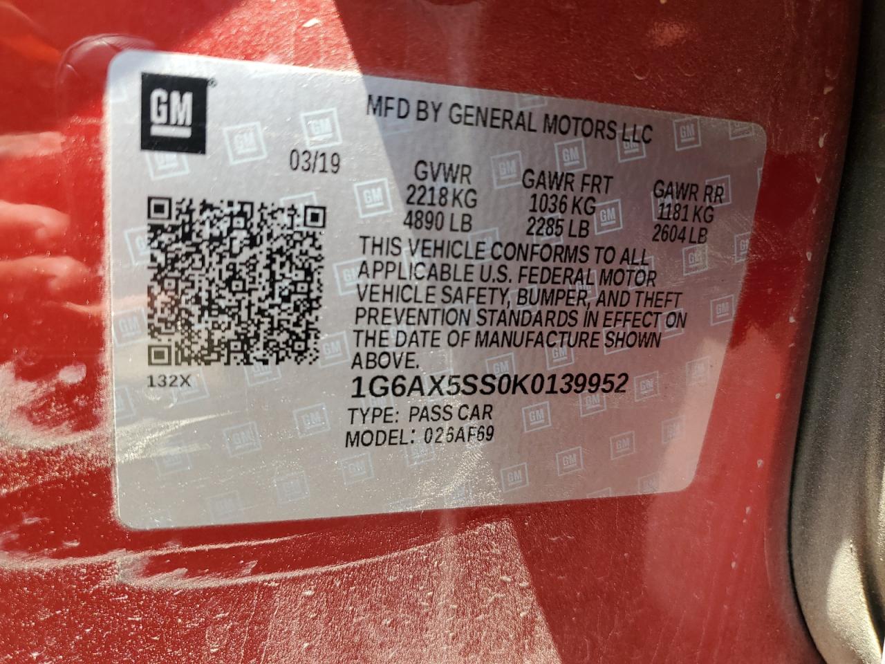 2019 Cadillac Cts Luxury VIN: 1G6AX5SS0K0139952 Lot: 62456034